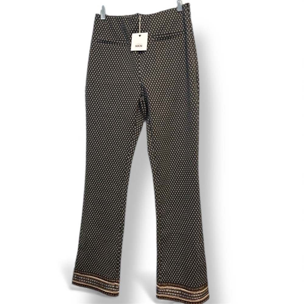 NWT Nekrane NKN ponte pants Black Tan Gold embroidered slit Pants zipper S M